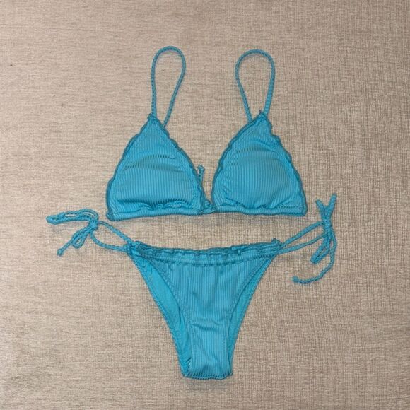 Its Now Cool Set Frill Tie Eco Bikini Top Bottom String Aqua Medium Small NEW - Picture 3 of 9